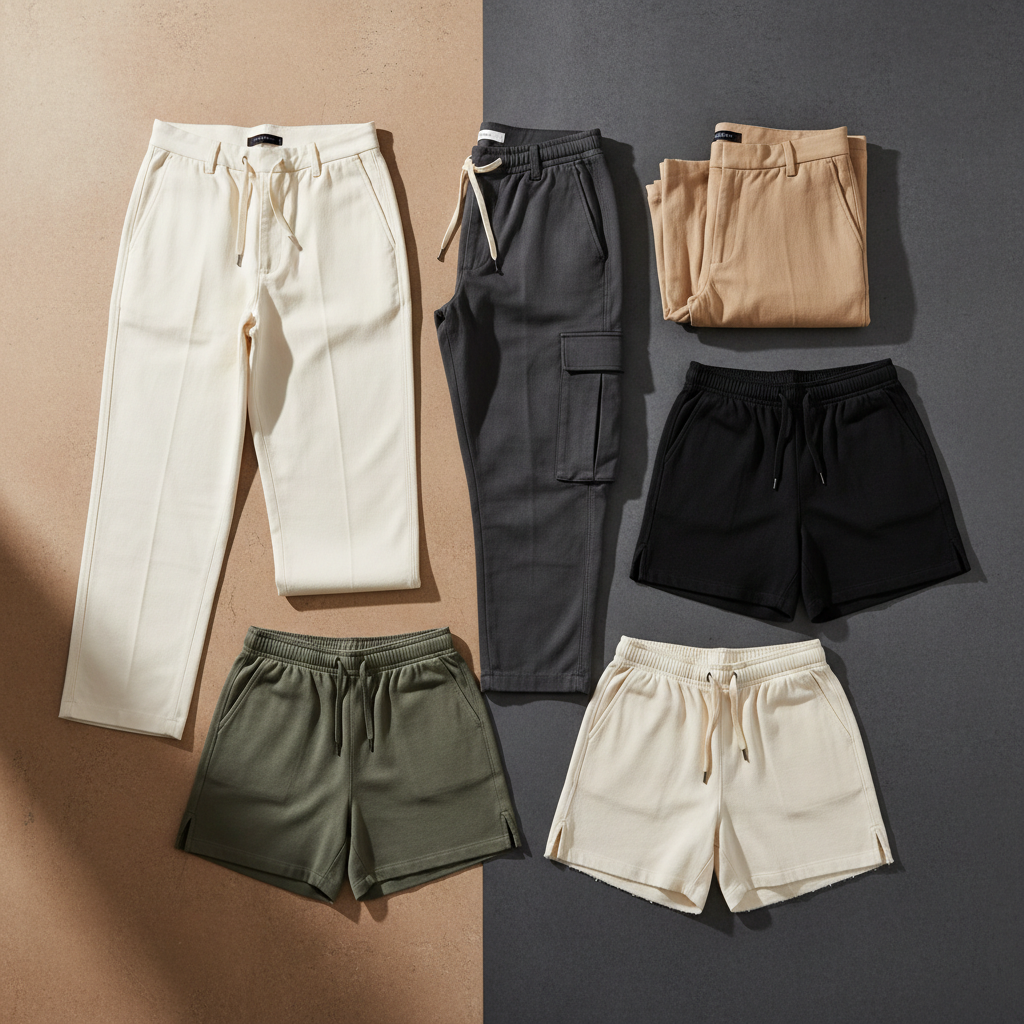 Premium editorial Bottoms collection image with pants and shorts